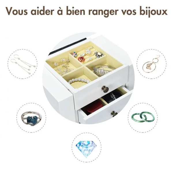 Armoire à Bijoux Vintage Sur Pied avec Miroir et 5 Tiroirs Doublure en Velours en Mdf 31,5x21,5x86,5cm Blanc