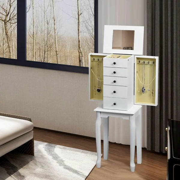 Armoire à Bijoux Vintage Sur Pied avec Miroir et 5 Tiroirs Doublure en Velours en Mdf 31,5x21,5x86,5cm Blanc
