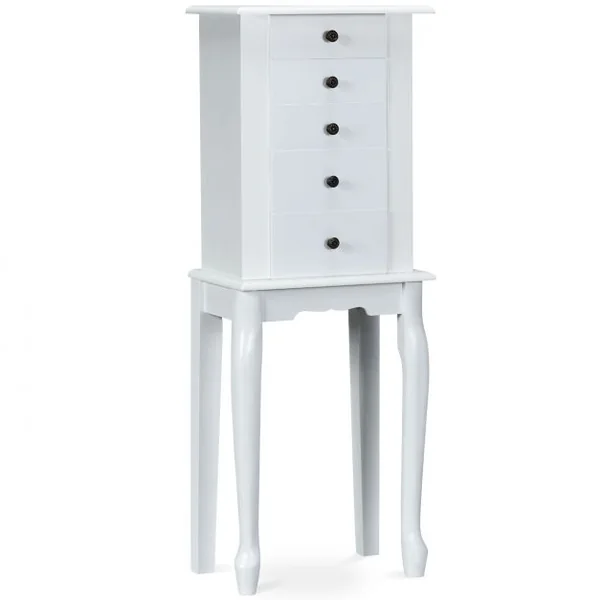 Armoire à Bijoux Vintage Sur Pied avec Miroir et 5 Tiroirs Doublure en Velours en Mdf 31,5x21,5x86,5cm Blanc