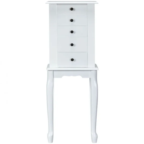 Armoire à Bijoux Vintage Sur Pied avec Miroir et 5 Tiroirs Doublure en Velours en Mdf 31,5x21,5x86,5cm Blanc