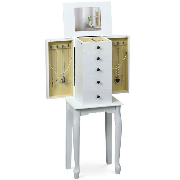 Armoire à Bijoux Vintage Sur Pied avec Miroir et 5 Tiroirs Doublure en Velours en Mdf 31,5x21,5x86,5cm Blanc