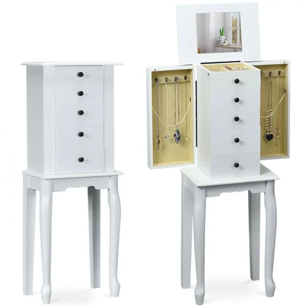 Armoire à Bijoux Vintage Sur Pied avec Miroir et 5 Tiroirs Doublure en Velours en Mdf 31,5x21,5x86,5cm Blanc