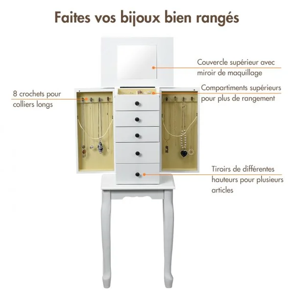 Armoire à Bijoux Vintage Sur Pied avec Miroir et 5 Tiroirs Doublure en Velours en Mdf 31,5x21,5x86,5cm Blanc