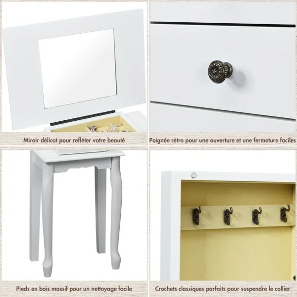 Armoire à Bijoux Vintage Sur Pied avec Miroir et 5 Tiroirs Doublure en Velours en Mdf 31,5x21,5x86,5cm Blanc