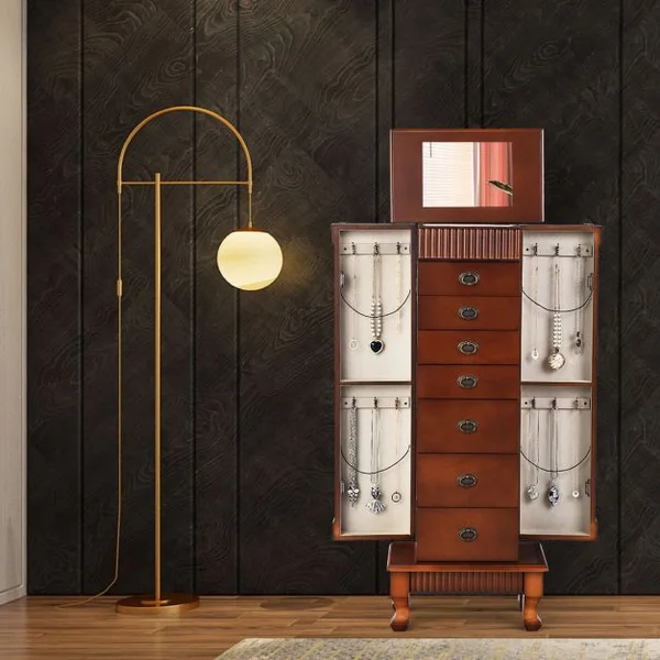 Armoire à Bijoux Vintage Sur Pied Coffret à Bijoux avec Miroir 7 Tiroirs 12 Crochets en Mdf 38x98x23cm Marron