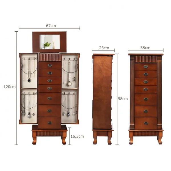 Armoire à Bijoux Vintage Sur Pied Coffret à Bijoux avec Miroir 7 Tiroirs 12 Crochets en Mdf 38x98x23cm Marron
