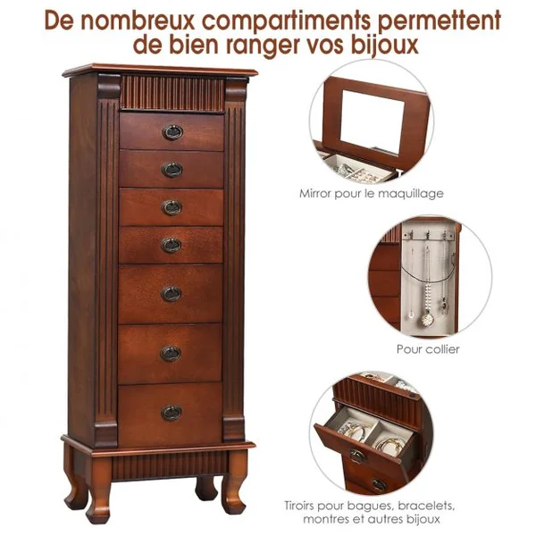 Armoire à Bijoux Vintage Sur Pied Coffret à Bijoux avec Miroir 7 Tiroirs 12 Crochets en Mdf 38x98x23cm Marron