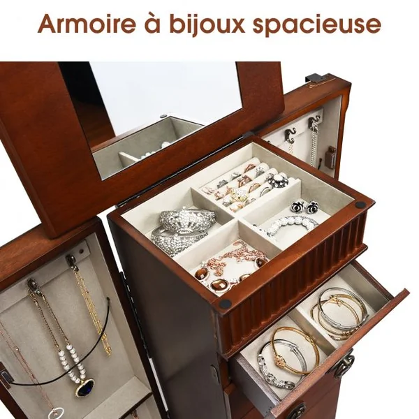 Armoire à Bijoux Vintage Sur Pied Coffret à Bijoux avec Miroir 7 Tiroirs 12 Crochets en Mdf 38x98x23cm Marron