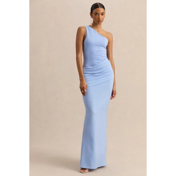 Arovia | Robe longue bleu poudré en satin à encolure asymétrique et détails drapés