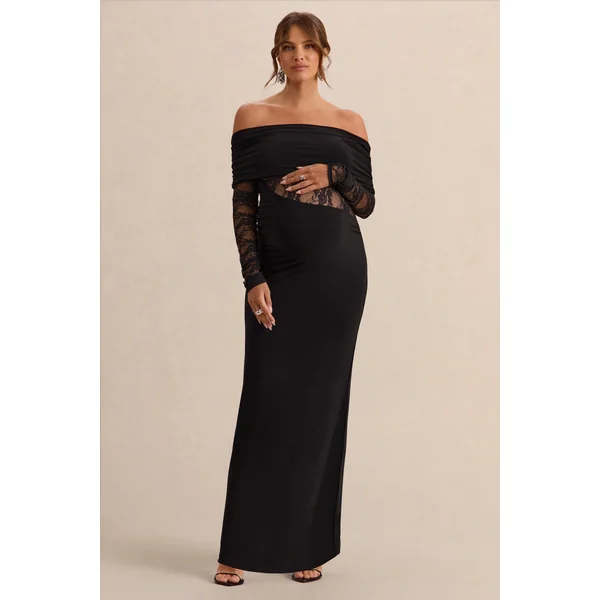 Artemisia | Robe longue de maternité noire à encolure Bardot avec détails en dentelle