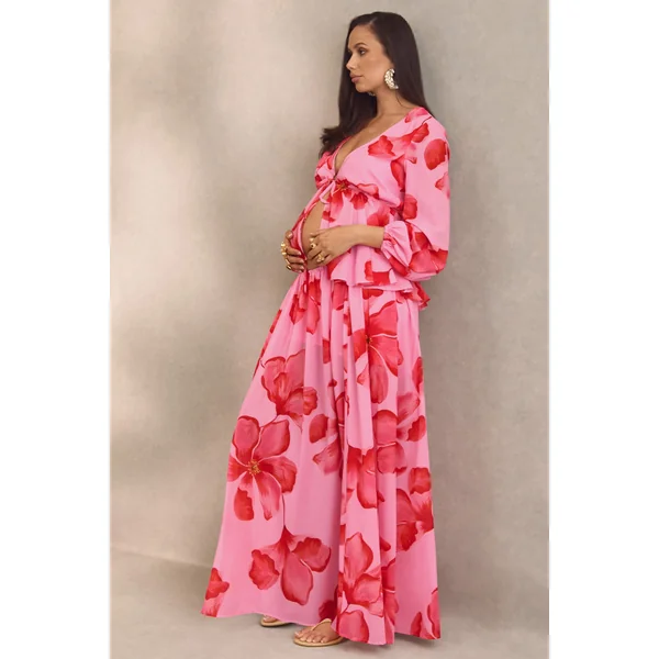 Asella | Jupe longue de maternité rose en chiffon à imprimé floral