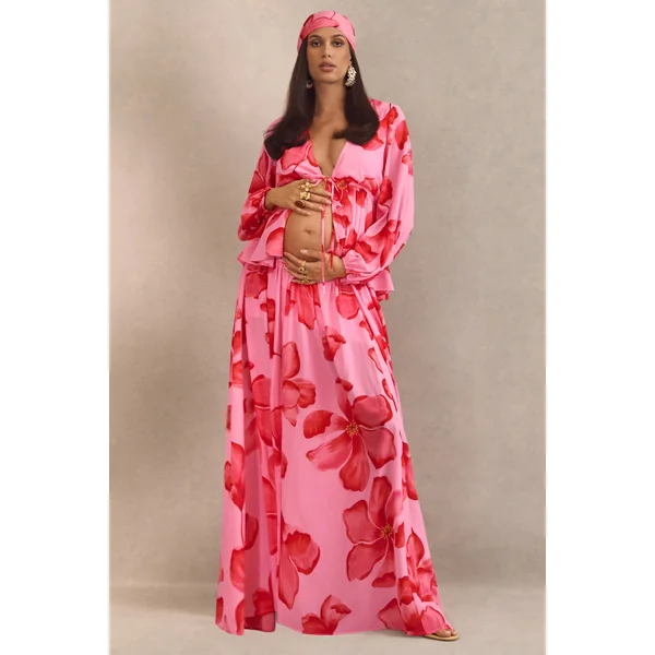 Asella | Jupe longue de maternité rose en chiffon à imprimé floral