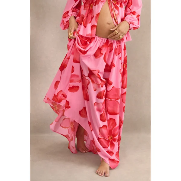 Asella | Jupe longue de maternité rose en chiffon à imprimé floral