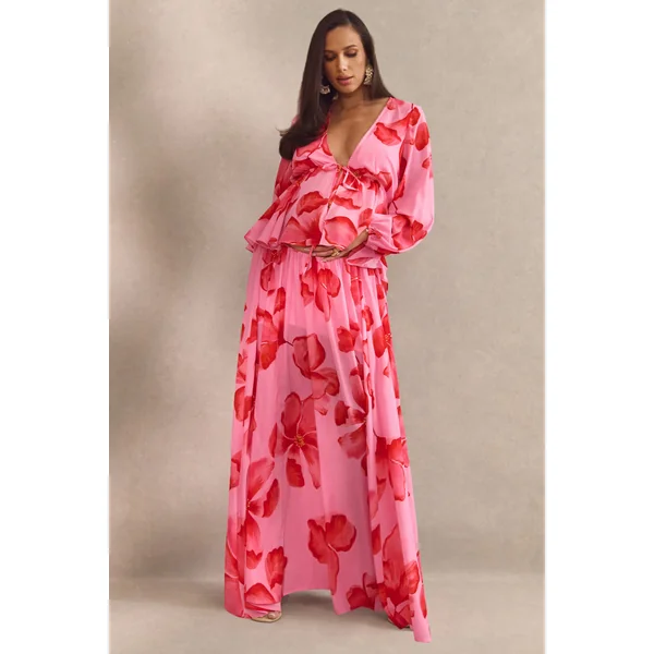 Asella | Jupe longue de maternité rose en chiffon à imprimé floral