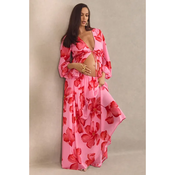 Asella | Jupe longue de maternité rose en chiffon à imprimé floral