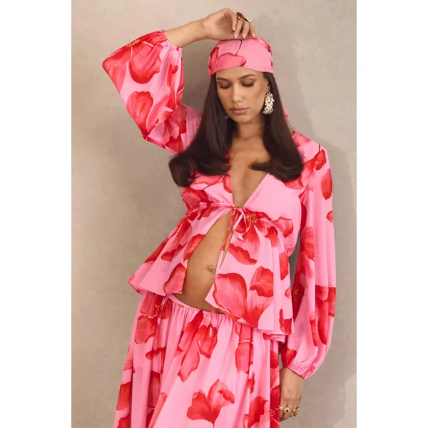 Asella | Top de maternité rose en chiffon à imprimé floral avec décolleté plongeant et lien à nouer sur le devant