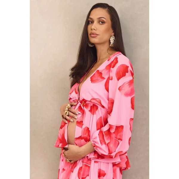 Asella | Top de maternité rose en chiffon à imprimé floral avec décolleté plongeant et lien à nouer sur le devant