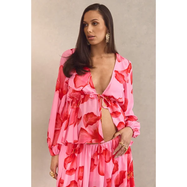 Asella | Top de maternité rose en chiffon à imprimé floral avec décolleté plongeant et lien à nouer sur le devant