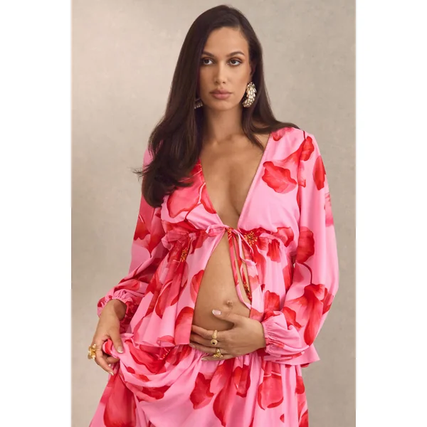 Asella | Top de maternité rose en chiffon à imprimé floral avec décolleté plongeant et lien à nouer sur le devant
