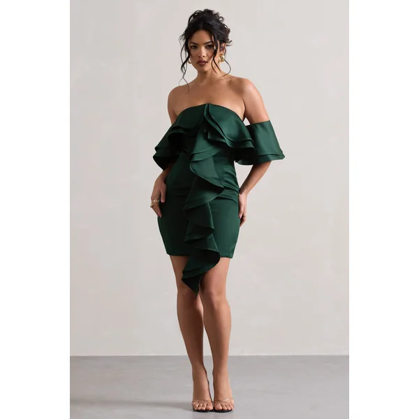 Aspen | Mini robe vert bouteille à encolure bardot et fronces