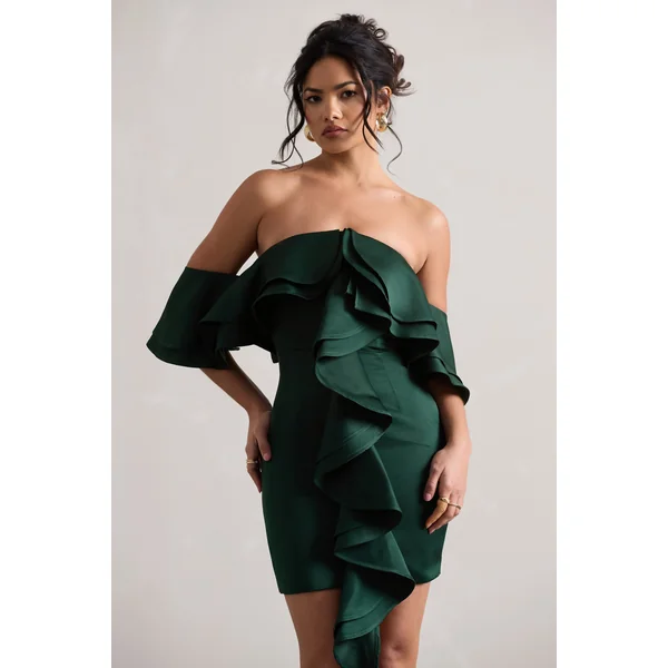 Aspen | Mini robe vert bouteille à encolure bardot et fronces