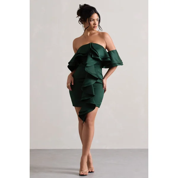 Aspen | Mini robe vert bouteille à encolure bardot et fronces