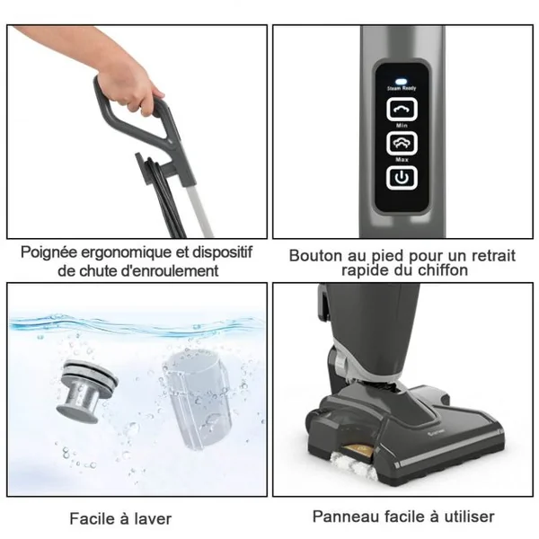 Aspirateur Balai sans Sac 2 Vitesse Balai Vapeur 14kPA Puissance Max.1000W Réservoir d'Eau 520ML