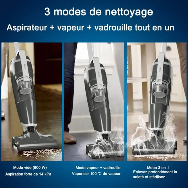 Aspirateur Balai sans Sac 2 Vitesse Balai Vapeur 14kPA Puissance Max.1000W Réservoir d'Eau 520ML
