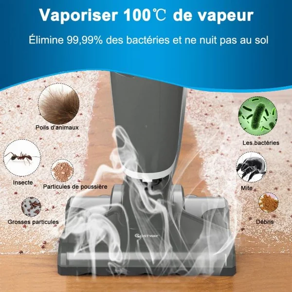 Aspirateur Balai sans Sac 2 Vitesse Balai Vapeur 14kPA Puissance Max.1000W Réservoir d'Eau 520ML