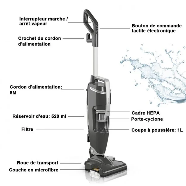 Aspirateur Balai sans Sac 2 Vitesse Balai Vapeur 14kPA Puissance Max.1000W Réservoir d'Eau 520ML