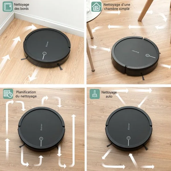 Aspirateur Robot Connecté Wifi 2000pa avec Réservoir d’Eau et Boîte à Poussière 5 Modes de Nettoyage 34,5x8cm Noir
