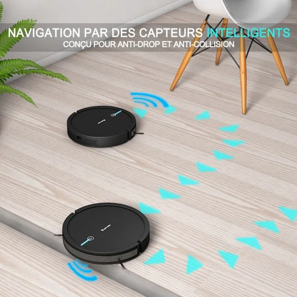 Aspirateur Robot Connecté Wifi 2000pa avec Réservoir d’Eau et Boîte à Poussière 5 Modes de Nettoyage 34,5x8cm Noir