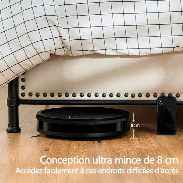 Aspirateur Robot Connecté Wifi 2000pa avec Réservoir d’Eau et Boîte à Poussière 5 Modes de Nettoyage 34,5x8cm Noir