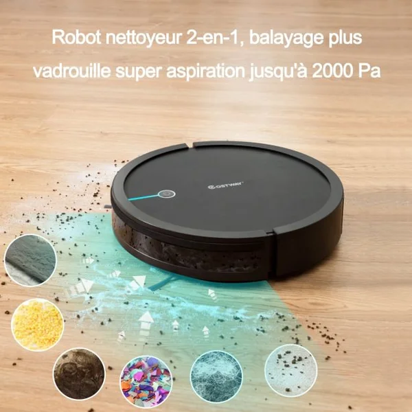 Aspirateur Robot Connecté Wifi 2000pa avec Réservoir d’Eau et Boîte à Poussière 5 Modes de Nettoyage 34,5x8cm Noir