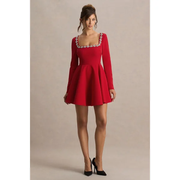 Astonish | Mini-robe rouge à manches longues ornée et jupe volumineuse