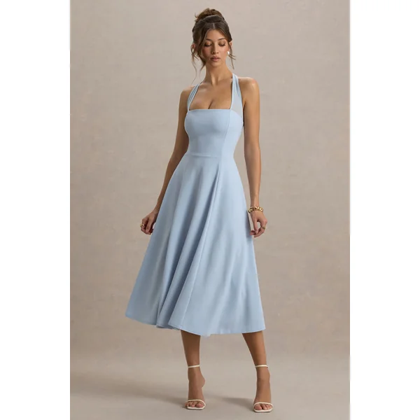 Auburn | Robe Mi-Longue Bleu Poudre à Encolure Licou
