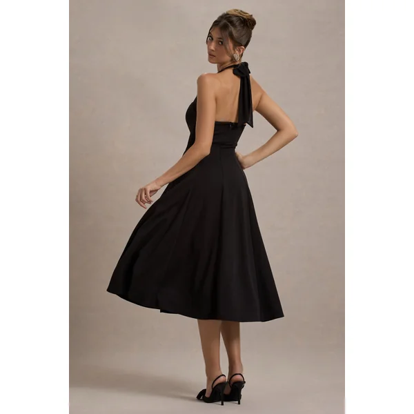 Auburn | Robe mi-longue noire à halter et jupe patineuse