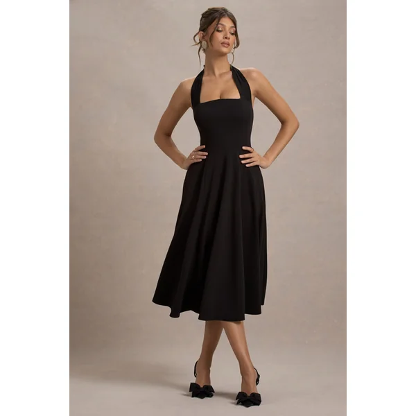 Auburn | Robe mi-longue noire à halter et jupe patineuse