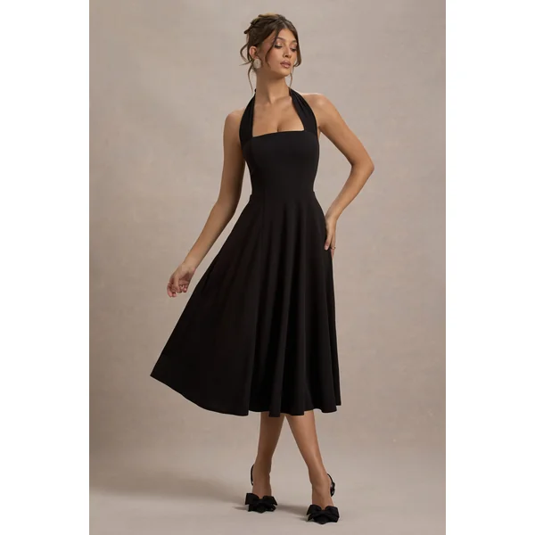 Auburn | Robe mi-longue noire à halter et jupe patineuse