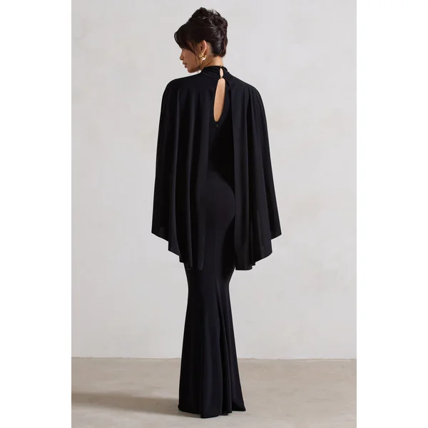 Audrina | Robe longue noire froncée à col haut fente et cape