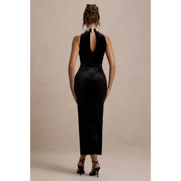 Audrine | Robe Longue en Velours Noir avec Col Haut Orné
