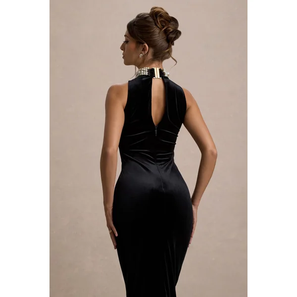 Audrine | Robe Longue en Velours Noir avec Col Haut Orné