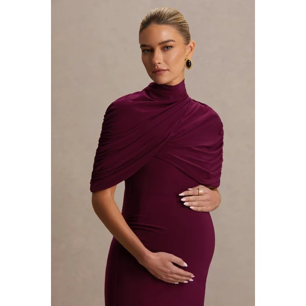 Augustina | Robe de maternité mi-longue bordeaux avec manches cape