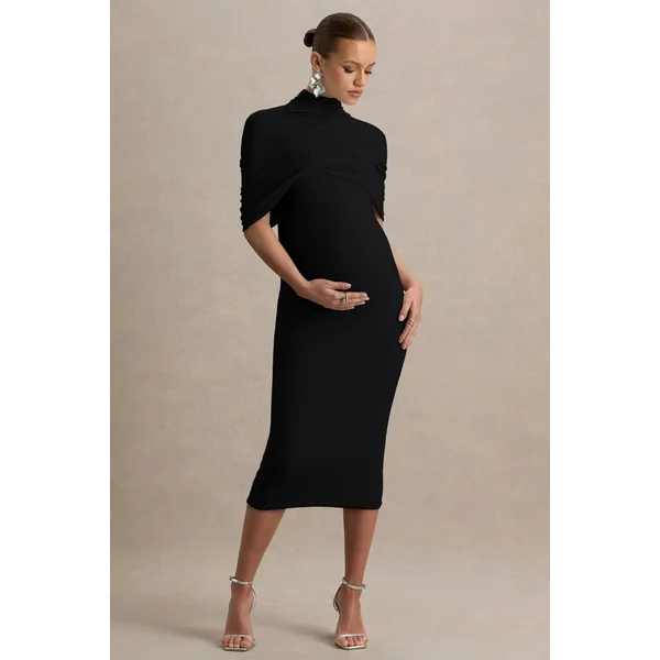 Augustina | Robe de maternité noire mi-longue avec cape