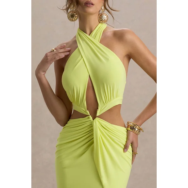 Aura | Robe longue vert citron à encolure halter découpes et fente