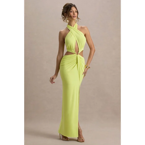 Aura | Robe longue vert citron à encolure halter découpes et fente
