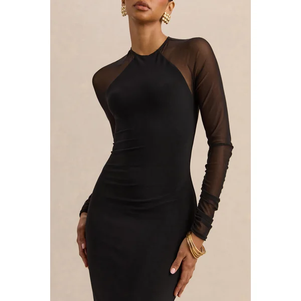 Aurevia | Robe mi-longue noire à encolure haute avec manches longues en mesh