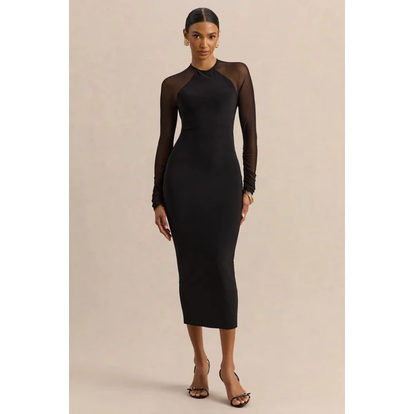 Aurevia | Robe mi-longue noire à encolure haute avec manches longues en mesh