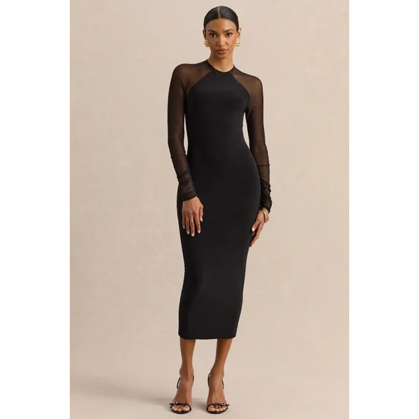 Aurevia | Robe mi-longue noire à encolure haute avec manches longues en mesh