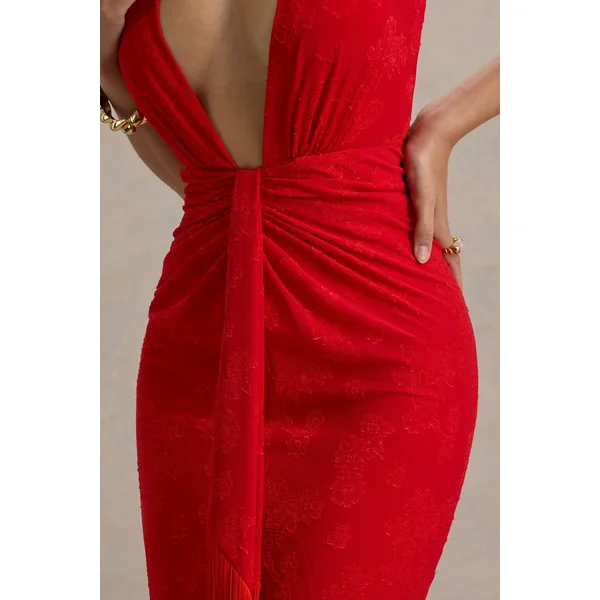 Auria | Robe Mi-Longue Rouge en Satin à Décolleté Plongeant avec Détails à Franges
